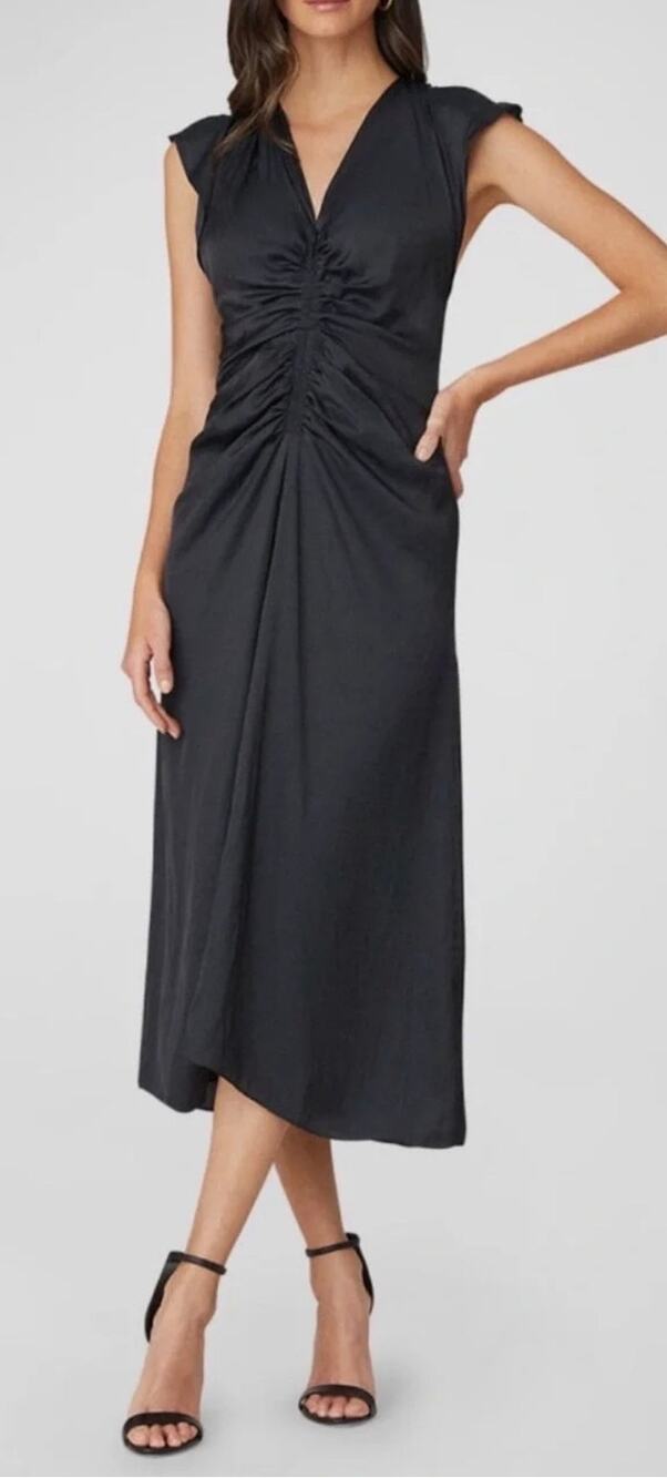 Shoshanna Noah Chiffon Black Ruched-Front V Neck Midi Dress Women's 10